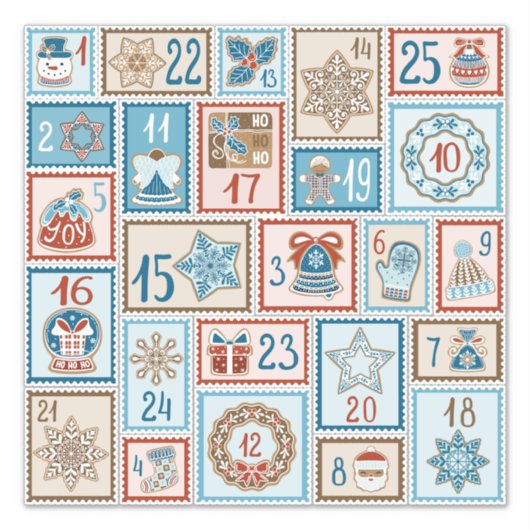 Advent Countdown 25 Kerst Blauw Ivoor Sticker (Voorkant)