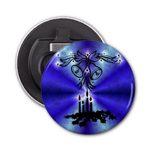 Advent, kerstartik op blauwe groene regenboog button flesopener (Voorkant)