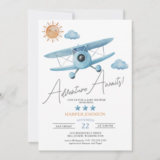 Adventure Attend Baby shower avion Invitation (Devant)