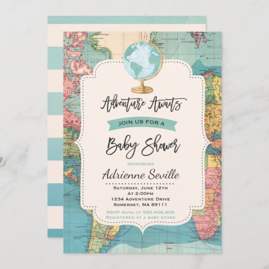 Adventure Await and Baby shower Invitation Map Sho (Devant / Derrière)