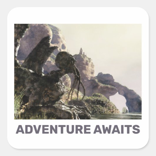Adventure Awaits. Fantasy landscape Vierkante Sticker (Voorkant)