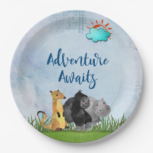 Adventure Awaits - Gorilla Hippo en Meerkat Papieren Bordje (Voorkant)