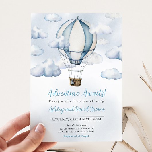 Adventure Awaits Hot Air Ballon Baby shower Kaart