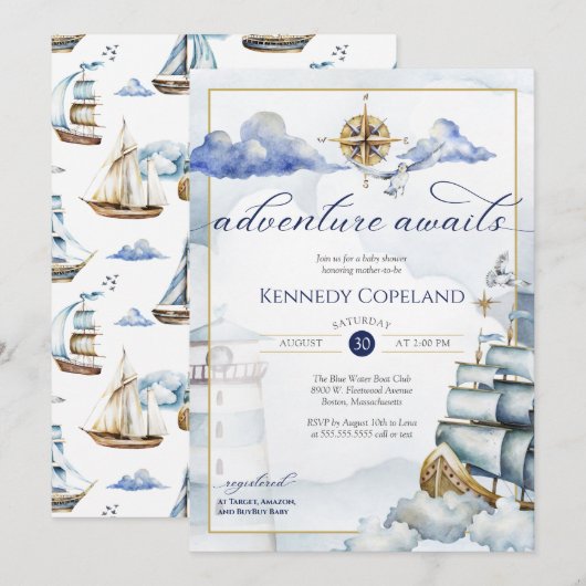 Adventure Awaits - Nautical Dream Ship Baby shower Kaart (Voorkant / Achterkant)