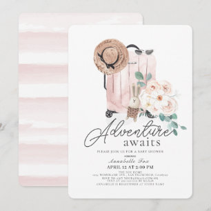 Adventure Awaits Pink Suitcase Girl Baby shower Kaart