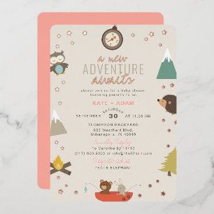 Adventure Awaits Woodland Girl Pink Baby shower Folie Uitnodiging