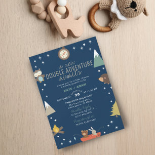 Adventure Awaits Woodland Twin Boys Baby shower Kaart