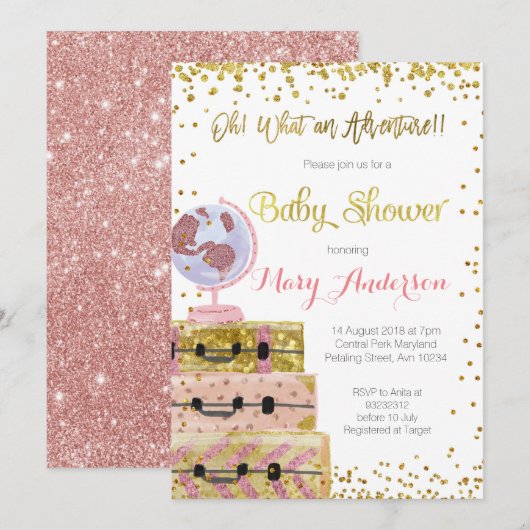 Adventure Baby shower Invitation Gold Glitter Kaart (Voorkant / Achterkant)