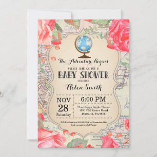 Adventure Baby shower Red Floral Map Wereld Kaart