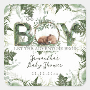 Adventure Begin Woodland Beer Baby Jongensdouche Vierkante Sticker