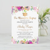 Adventure begint met Gold Script Floral Afstuderen Kaart (Staand voorkant)