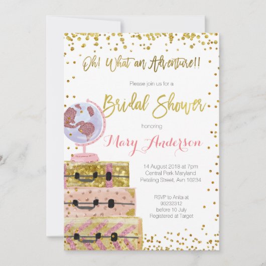 Adventure Bruids Douche Uitnodiging Gouden Glitter (Voorkant)