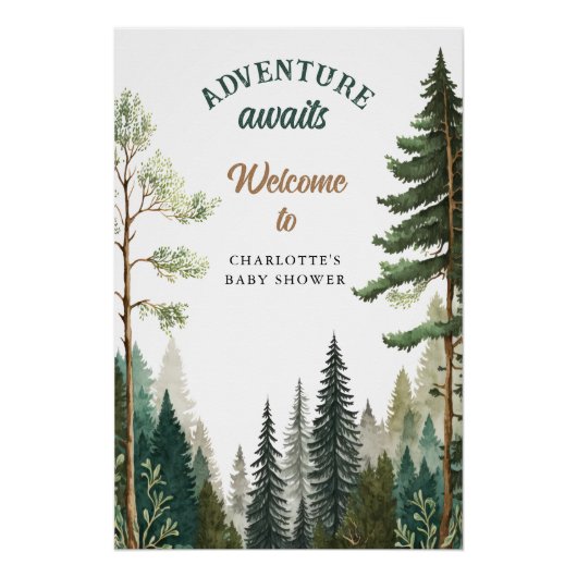 Adventure Forest Rustic Baby shower Welcome Sign Perfect Poster (Voorkant)