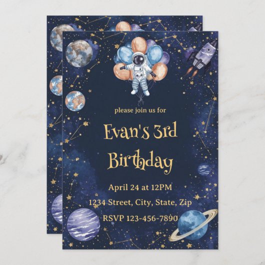 Adventure Galaxy Birthday Invitation | Astronaut (Devant / Derrière)