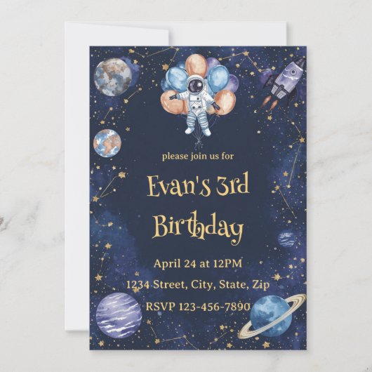 Adventure Galaxy Birthday Invitation | Astronaut Kaart (Voorkant)