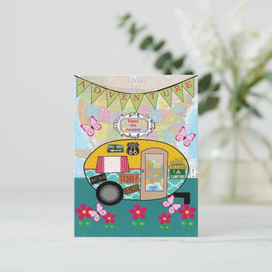 Adventure Happy Camper RV Retro Briefkaart (Staand voorkant)