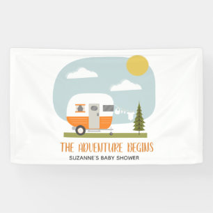 Adventure Oranje Retro Camper Neutraal Baby shower Spandoek