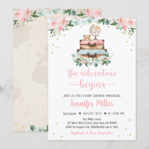 Adventure Pink Gold Floral Travel Baby shower Kaart