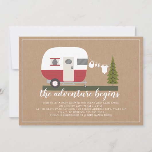 Adventure Red Trailer Camper Woodland Baby shower Kaart (Voorkant)