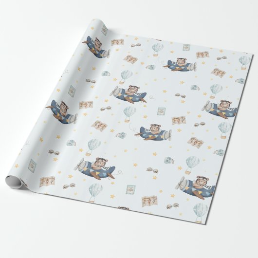 Adventure Schattige Aviation Beer Blue Plane Cadeaupapier (Uitgerold)