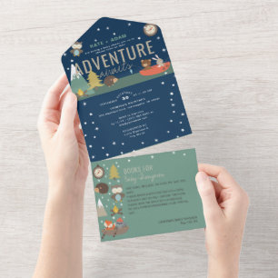 Adventure Woodland & Books Boy Navy Baby shower All In One Uitnodiging