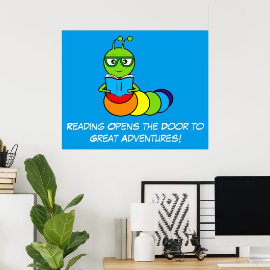 Adventures lezen met Cartoon Bookworm Poster (Thuiskantoor)