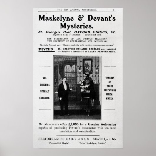 Advertisement voor de mysteries van Maskelyne & De Poster (Voorkant)