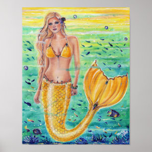 Aelia Yellow mermaid art van Renee L. Lavoie Poster