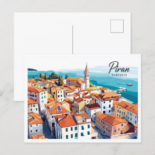Aerial Uitzicht Piran Slovenië Illustratie Reizen Briefkaart