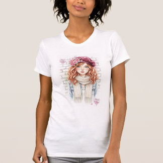 Aesthetic Floral Beret Girl Watercolor  T-shirt