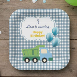 Aesthetic Gingham Blue Construction 3rd Birthday Papieren Bordje