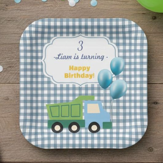 Aesthetic Gingham Blue Construction 3rd Birthday  Papieren Bordje