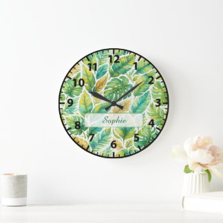 Aesthetic Green Tropical Leaves Custom Name  Grote Klok