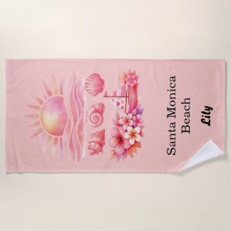 Aesthetic Pink Beach Sunset Watercolor Strandlaken