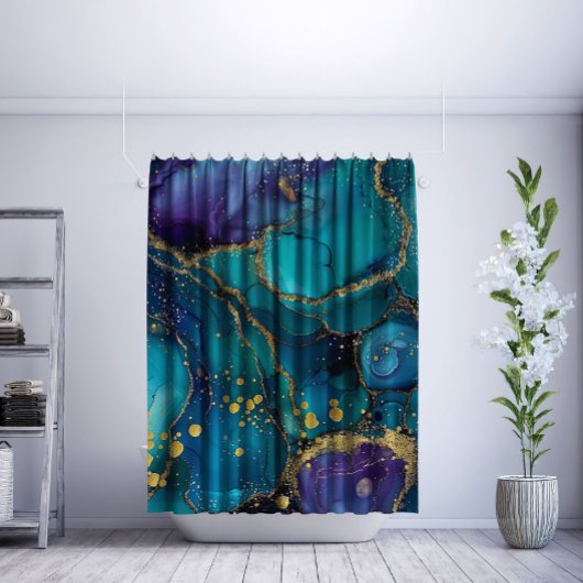 Aesthetic Turquoise & Gold Flowing Marble Douchegordijn