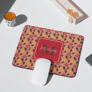 Aesthetisch bruin Burgundy Monogram Floral Pattern Muismat