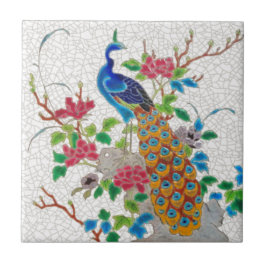 Aesthetische Franse Longwy Peacock Repro 1870 Tegeltje
