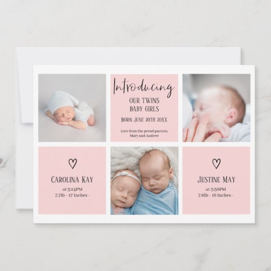 Afbeelding 3 Fotocollage roze baby tweeling geboor Aankondiging (Voorkant)
