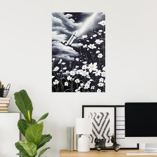 Afbeelding bloemen en een raket in de lucht poster