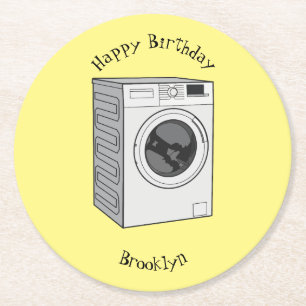 Afbeelding cartoon wasmachine ronde kartonnen onderzetter