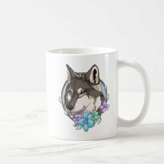 Afbeelding Gray Wolf en Flowers Koffiemok (Rechts)