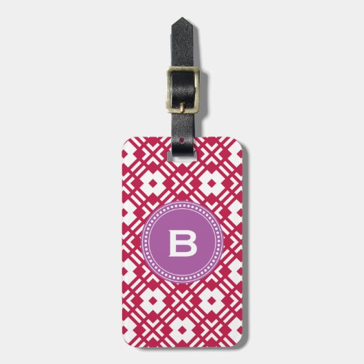 Afbeelding rood abstract geometrisch monogram bagagelabel (Voorkant verticaal)