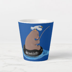 Afbeelding van de Cute beer cub Fishing cartoon Latte Mok