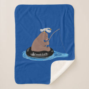 Afbeelding van de Cute beer cub Fishing cartoon Sherpa Deken