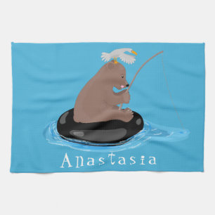Afbeelding van de Cute beer cub Fishing cartoon Theedoek