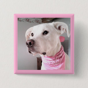 Afbeelding van de paarse puppy dog met roze zout vierkante button 5,1 cm