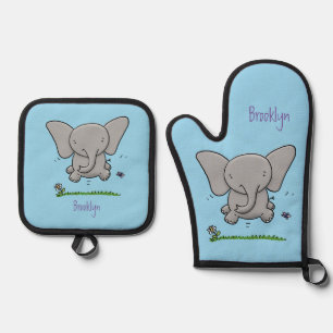 Afbeelding van de schattige baby-olifant cartoon ovenwant & pannenlap set
