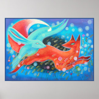 Afbeelding van dieren, vossen en haren. poster