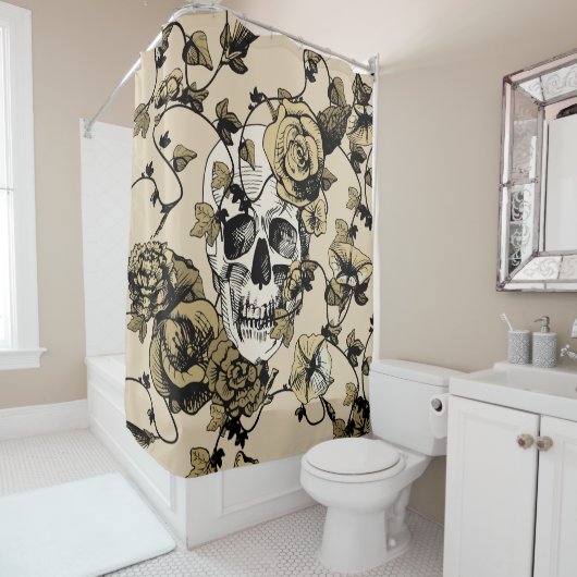 afbeelding van een schedel omringd en omringd doo douchegordijn (In situ)