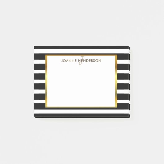 Afbeelding zwart en wit strepen gouden monogram post-it® notes (Voorkant)